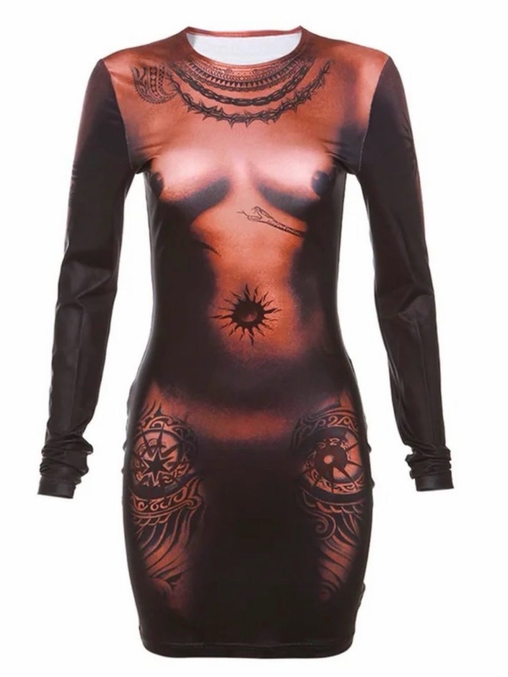 Long-Sleeve Bodycon Tattoo-Print Dress in Brown